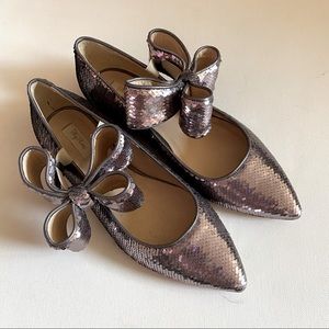 Polly Plume Pewter Lilac Sequin Ballet Flats with Oversized Bows
